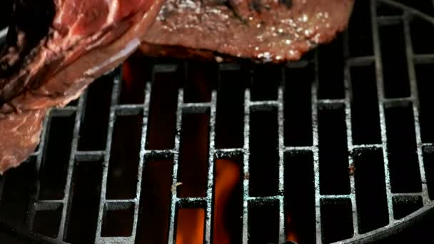 Les pinces placent un steak cru sur la grille ronde sur le fond du feu — Video