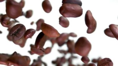 Kavrulmuş kahve çekirdekleri süper yakın plan uçar ve beyaz arka planda döner.