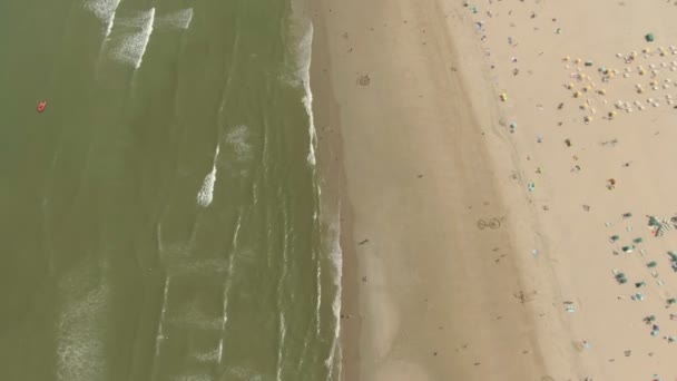 Luchtopname van een zandstrand met ligbedden — Stockvideo