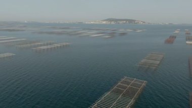 Tuz gölü Etang de Thau 'daki Sete kenti yakınlarındaki istiridye çiftliklerinin hava manzarası.