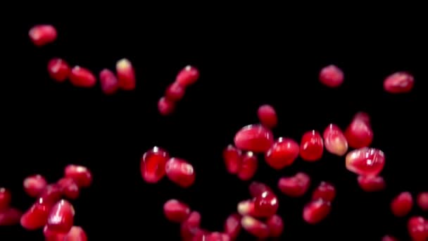Ripe pomegranate grains are bouncing up on the black background — Stock Video