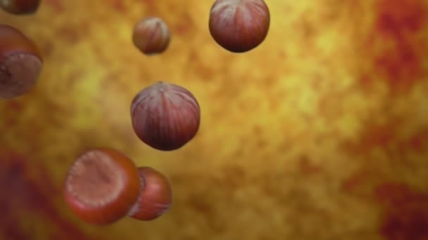Super close-up of unpeeled hazelnuts falling down on a yellow ochre background — Stock Video