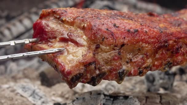 Close-up panorama of the juicy delicious ribs on the skewers — Stock Video