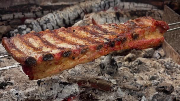 Deliciosas costelas nos espetos estão assando no fundo do fogo aberto — Vídeo de Stock