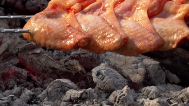 Сырые куриные крылышки на шампуре обжариваются над углями. — стоковое видео