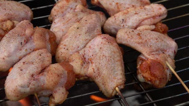 As asas de frango cru nos espetos de madeira estão fritando acima do fogo aberto — Vídeo de Stock