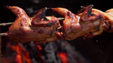 Ağız sulandıran bıldırcın panoraması ateşin üstünde kızarıyor.