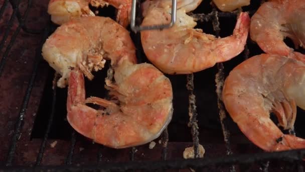 Gros plan sur les grosses crevettes royales tournées avec des pinces de cuisine sur la grille du gril — Video