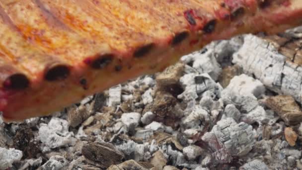 Крупный план сочные сырые вкусные ребра на шампуры расположены над огнем — стоковое видео
