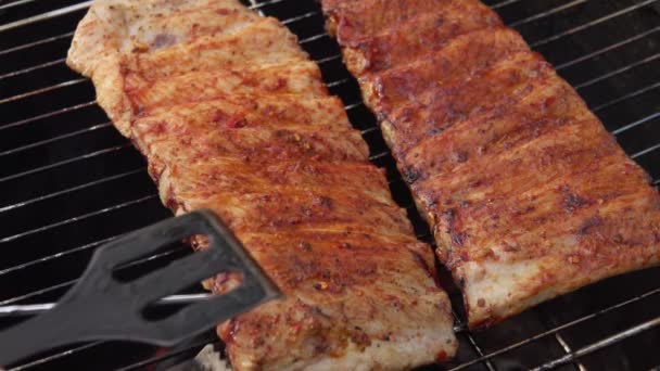 Primer plano de las deliciosas costillas especiadas rotadas en la parrilla con pinzas de cocina — Vídeo de stock