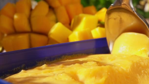 Łyżka do lodów powoli zbiera mrożone mango gelato. — Wideo stockowe