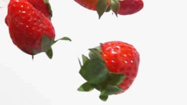 Kırmızı olgun çilekleri yakın plan beyaz arka planda uçar ve döner. 