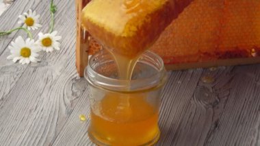 Lezzetli taze bal, bal peteklerinden cam kavanoza akıyor.