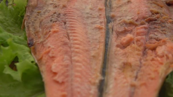 Close-up panorama dari daging panggang ikan merah pada piring kayu — Stok Video