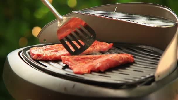 Cooking steak on the grill. BBQ outdoors. — Stock Video