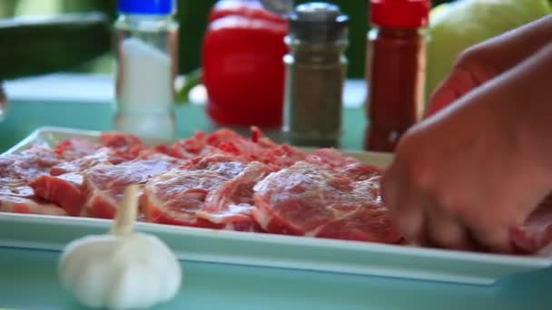 Preparación de carne para bistec.. especias, sal, ketchup — Vídeos de Stock