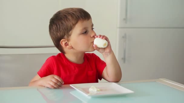 Jongen eten van een ei — Stockvideo