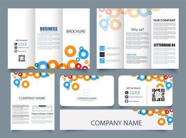 Vector set of professional trifold brochure, flyer, and business card templates with colorful circle elements. Clean, modern layout perfect for corporate branding, marketing, presentations, and business communication