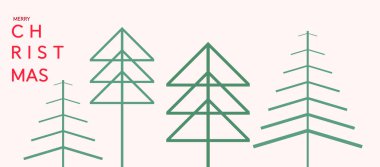 Soyut geometrik Noel ağaçları ve modern tipografisi olan minimalist vektör çizimi. Açık arkaplanda yeşil ve kırmızı tonlarda basit doğrusal tasarım, festival tebrik kartları, posterler veya bayram temalı markalaşma için mükemmel.