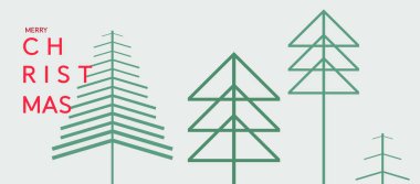 Soyut geometrik Noel ağaçları ve modern tipografisi olan minimalist vektör çizimi. Açık arkaplanda yeşil ve kırmızı tonlarda basit doğrusal tasarım. Minimalist Geometrik Noel Ağaçları Tebrik Kartı