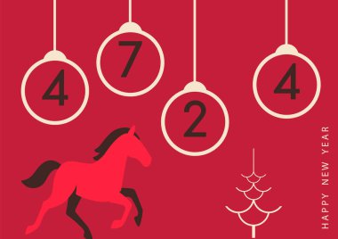 Minimalist vektör illüstrasyonu Çin Yeni Yılı 4724, At Yılı 'nı kutluyor. Kırmızı bir at, rakamlarla süslenmiş süsler ve kırmızı arka planda soyut bir Noel ağacı.