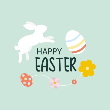 Beyaz bir tavşanın, renkli yumurtaların ve pastel arka planda Mutlu Paskalyalar metniyle süslenmiş parlak bahar çiçeklerinin yer aldığı neşeli Paskalya vektörü çizimi.