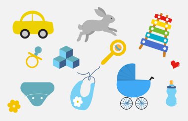 Oyuncak, puset, çıngırak, emzik, küp, tavşan, şişe, önlük, bebek bezi, araba ve dekoratif elementler de dahil olmak üzere bebekle ilgili ikonlar içeren parlak ve oyuncu vektör seti