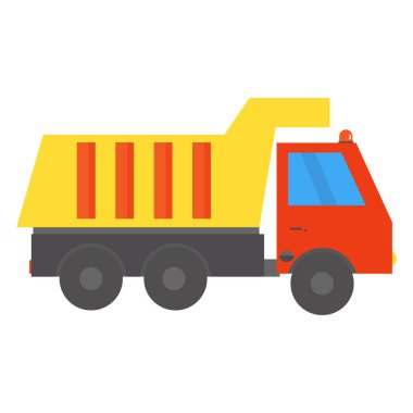 Düz bir çöp kamyonunun parlak ve basit vektör çizimi. Tasarım sarı kargo yatağı, kırmızı kabin ve temiz geometrik şekiller içerir.