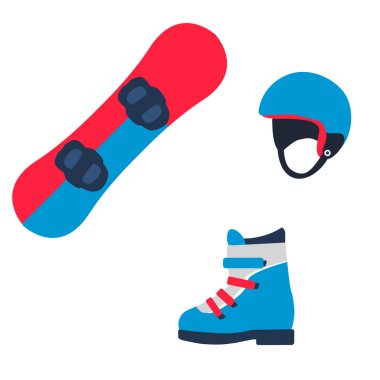Kış sporları için gerekli ekipmanları içeren renkli vektör illüstrasyon seti. Bağlı bir snowboard, koruyucu bir kask ve kayak botu da dahil. Temiz, modern bir düz stil yaratıldı.