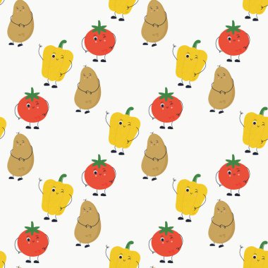 Düz vektör tarzında sevimli sebze karakterleri olan kusursuz tekrarlayan desen. Çocuklar ve çocuklar için tasarlanmış, gülen yüzlü komik dolmalık biber, domates ve patates maskotları..
