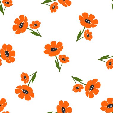 Parlak turuncu çiçekli kusursuz vektör deseni ve temiz beyaz arka planda yeşil yapraklar..