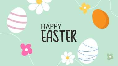 Minimum pastel Paskalya tebrik kartı tasarımı Mutlu Paskalya el yazmaları, dekoratif yumurtalar, sevimli çiçekler ve nane arkaplanda bahar elementleri.