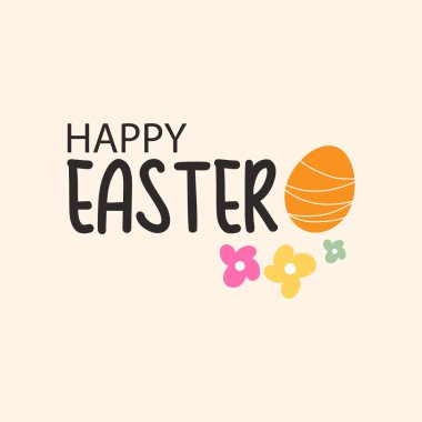 Paskalya için renkli yumurtalar, bahar çiçekleri ve yumuşak bej arka planda elle çizilmiş soyut elementlerle modern düz vektör çizimi. Kare biçimi.