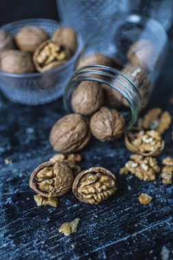 Ceviz, ceviz et, kurutulmuş meyve, fındık, incelik, kabuk, cam şişe, şişe,