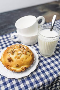 Kahvaltı, süt, ikindi çayı, ceviz, ekose desenli kumaş, ahşap, ekmek, Kupası, gıda, dim sum