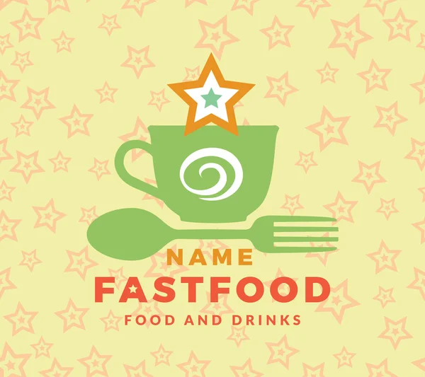 Grön logotyp med ordet snabbmat, design element sked och gaffel på sömlösa gul bakgrund med orange stjärnor. Formgivningsmall för restaurang, café och matsalar. Vektor Illustration. — Stock vektor