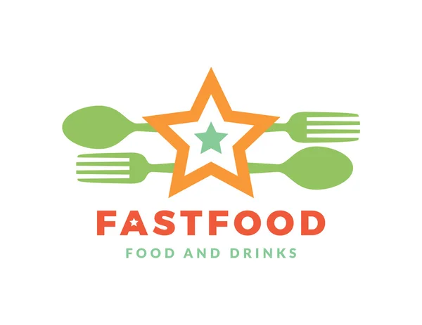 Зеленый логотип со словом Fast Food, элементами дизайна ложкой и вилкой на белом фоне. Дизайн шаблона для ресторана, кафе и столовых. Векторная миграция . — стоковый вектор