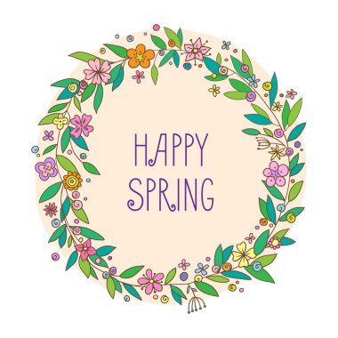Vektör arka plan beyaz ve bej, çiçek ve yaprakları elle çizilmiş çelenk heppy bahar tebrik kartı, davet ve web tasarım-dekoratif çiçek elemanları ile yazı. Vektör çizim.
