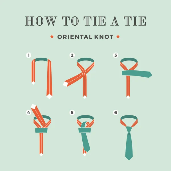 Instructions on how to tie a tie on the turquoise background of the eight steps. Oriental knot . Vector Illustration. — Stock Vector