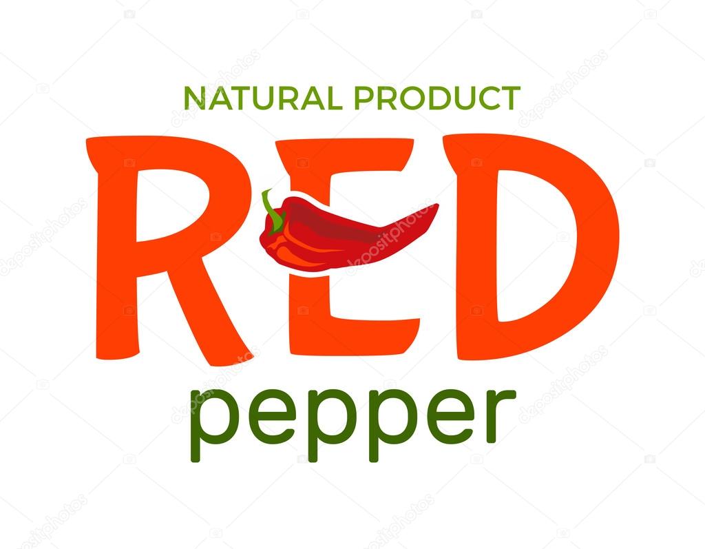 Red logo with word Red pepper natural product , design elements chili pepper at a white background. Design template for restaurant, cafe and canteens. Vector Illustration.