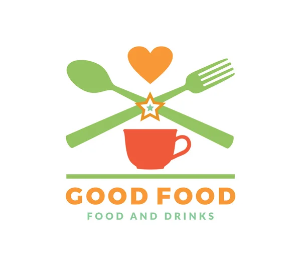 Логотип со словом Good Food, элементы дизайна ложка, вилка, сердце, чашка и звезда на белом фоне. Дизайн шаблона для ресторана, кафе и столовых. Векторная миграция . — стоковый вектор