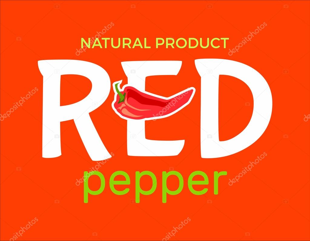White and green logo with word Red pepper natural product , design elements chili pepper at a red background. Design template for restaurant, cafe and canteens. Vector Illustration.