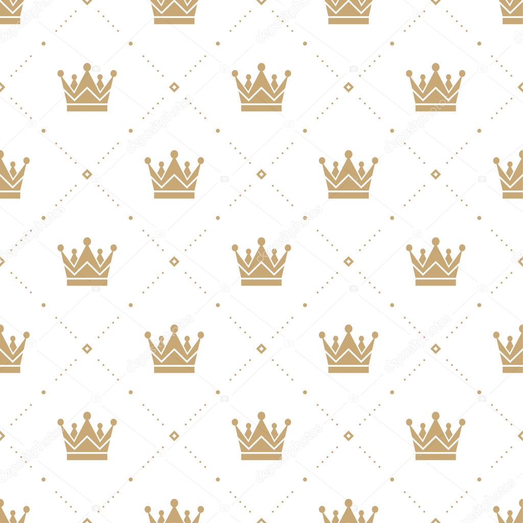 Seamless pattern in retro style with a gold crown on a white background. Can be used for wallpaper, pattern fills, web page background,surface textures. Vector Illustration.