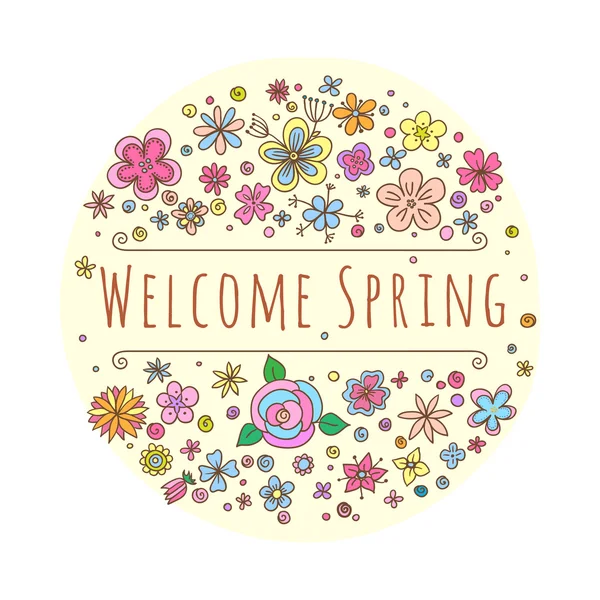 Letras vectoriales Welcome Spring con elementos decorativos de flores y hojas sobre fondo blanco y beige, flores y hojas dibujadas a mano para tarjeta de felicitación, invitación y diseño web. Ilustración vectorial . — Archivo Imágenes Vectoriales