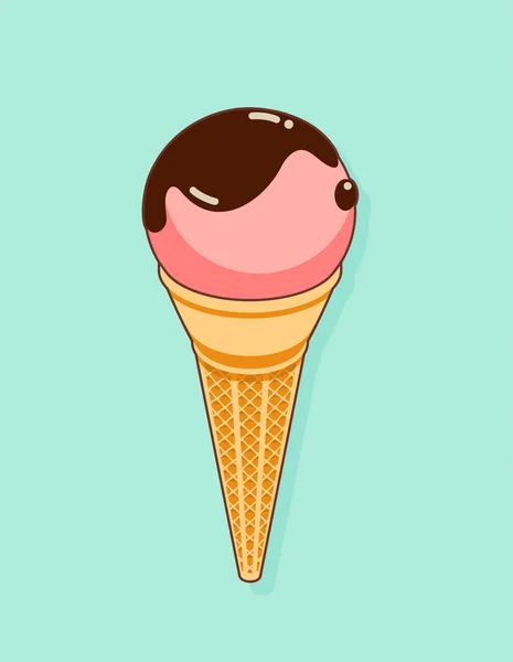 Színes ízletes fagylaltot a türkiz háttér elszigetelt. Ropogós ostya kúp töltött gombóc pink ice-cream csokoládé öntettel. Vektoros illusztráció. — Stock Vector