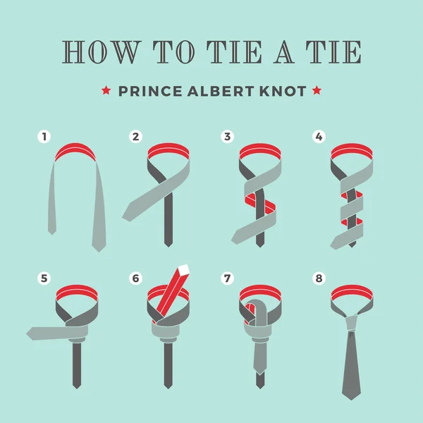 Anleitung, wie man eine Krawatte auf den türkisfarbenen Hintergrund der acht Schritte bindet. Prinz Albert Knoten. Vektorillustration. — Stockvektor