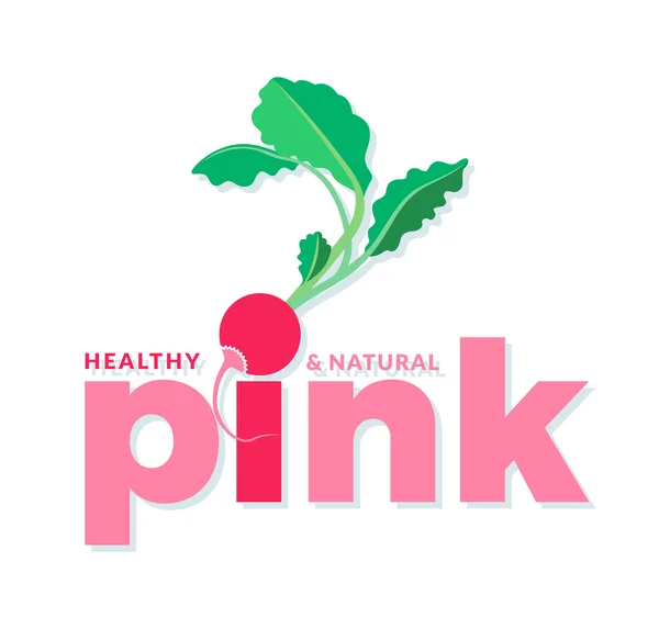 Logo rosa y verde con palabra Rosa, sano y natural, elementos de diseño rábano sobre un fondo blanco. Plantilla de diseño para restaurante vegetariano, cafetería y supermercado. Ilustración vectorial . — Archivo Imágenes Vectoriales