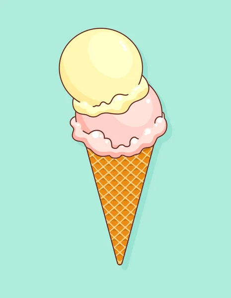 Colorful tasty isolated ice cream at a turquoise background. Crunchy wafer cone filled with two scoop of  lemon and strawberry ice cream. Vector Illustration. — Stock Vector