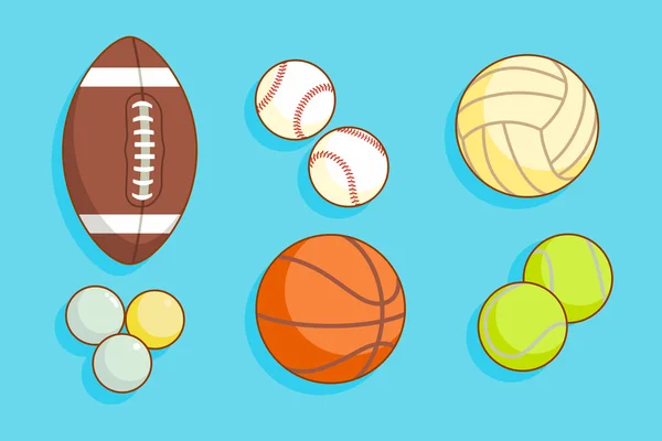 Zestaw kolorowych sportu piłki na niebieskim tle. Piłki do rugby, siatkówka, koszykówka, tenis, tenis stołowy, baseball. Ilustracja wektorowa. — Wektor stockowy