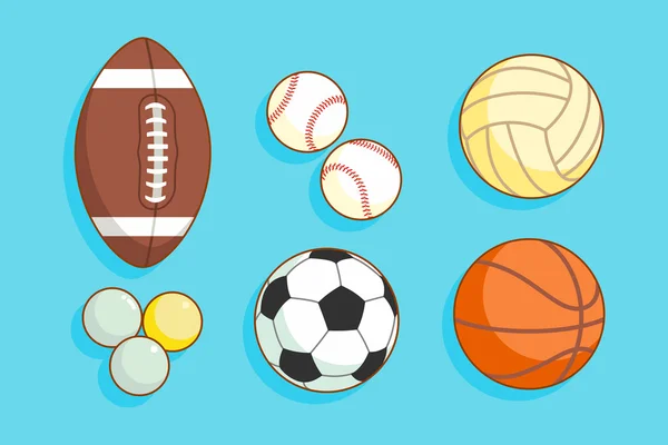 Set of colorful sport balls at a blue background. Balls for rugby, volleyball, basketball, football, ping-pong, baseball. Vector Illustration.